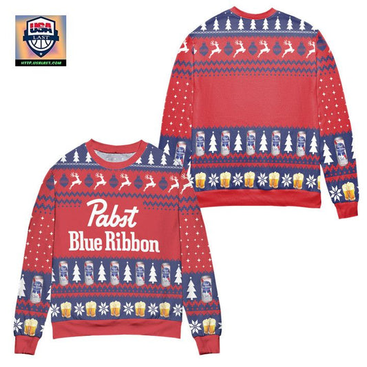 Pabst Blue Ribbon Beer Pine Tree Reindeer Pattern Ugly Christmas Sweater ? Red ? Usalast