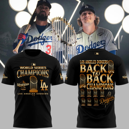 Limited Edition Los Angeles Dodgers Back to Back Champions 2025 Black Tshirt Moonbestprint