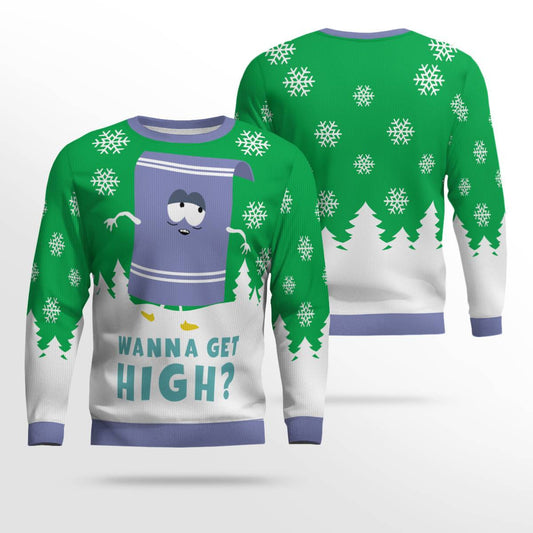Towelie Red Eyes Wanna Get High Ugly Christmas Sweater Green – Moonbestprint