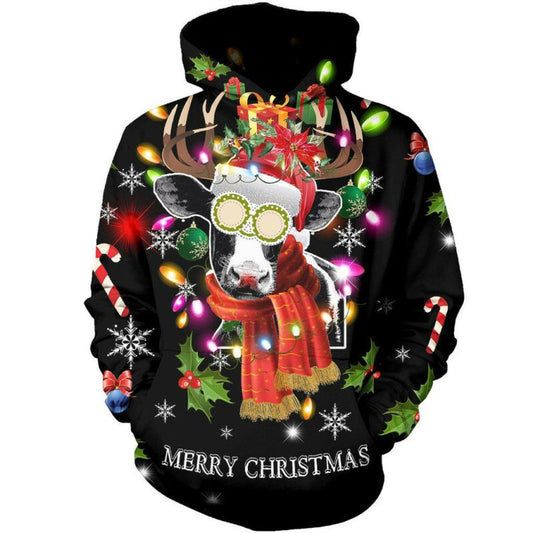 Funny Cow With Pair Of Horns Merry Christmas 3d Hoodie Moonbestprint