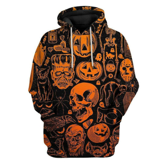 Halloween Common Monsters Pattern Black Orange 3d Hoodie Zip Hoodie Moonbestprint