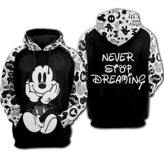 Disney Hoodie Mickey Mouse Never Stop Dreaming Black And White 3d Hoodie Zip Hoodie Moonbestprint