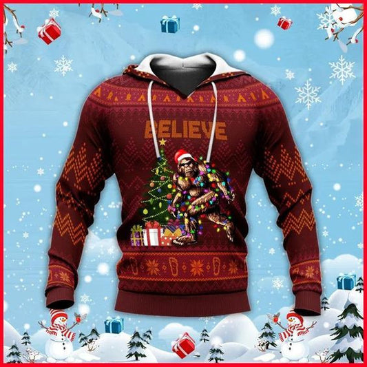 Believe Bigfoot Christmas Camping Knitting Pattern 3d All Over Print Hoodie Unisex Full Size Adult Colorful Moonbestprint
