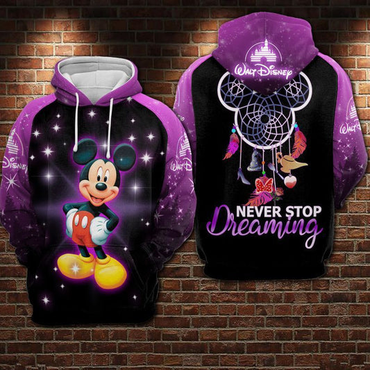 Mickey Disney Hoodie Sweater Shirt Never Stop Dreaming Over Print 3d Hoodie Zip Hoodie Moonbestprint