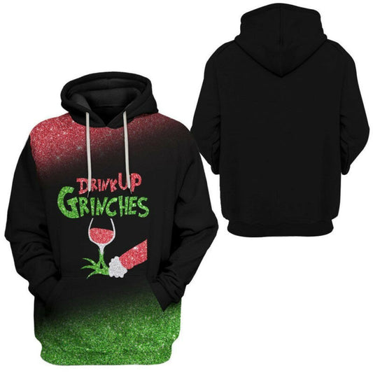 Drink Up Grinches Wine Christmas Black Red Green 3d Hoodie Zip Hoodie Moonbestprint