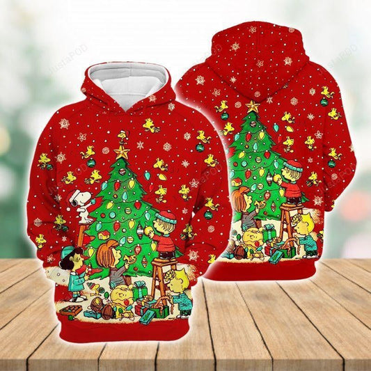 Peanuts Characters Snoopy Decorate Christmas Tree Red 3d Hoodie Zip Hoodie Moonbestprint