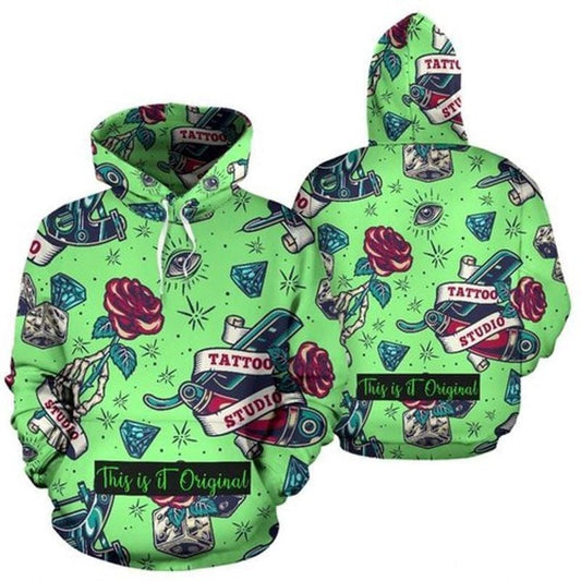 Light Green Design Tattoo Studio Roses Unisex All Over Printed 3d Hoodie Moonbestprint