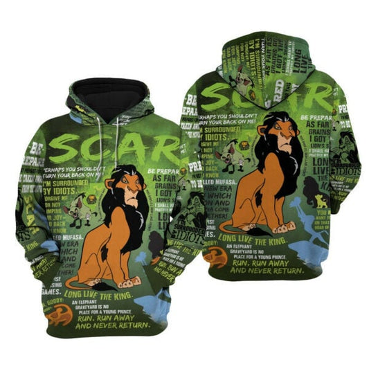 Scar Lion King Words Pattern Disney Fan Gift Stylist Unisex Cartoon Graphic Outfits Aop Hoodie, Zip Hoodie 2840 Moonbestprint