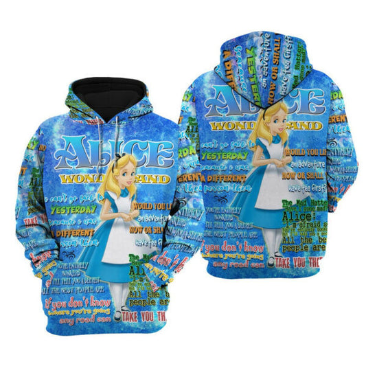Alice Wonderland Words Pattern Disney Fan Gift Stylist Unisex Cartoon Graphic Outfits Aop Hoodie, Zip Hoodie 1402 Moonbestprint