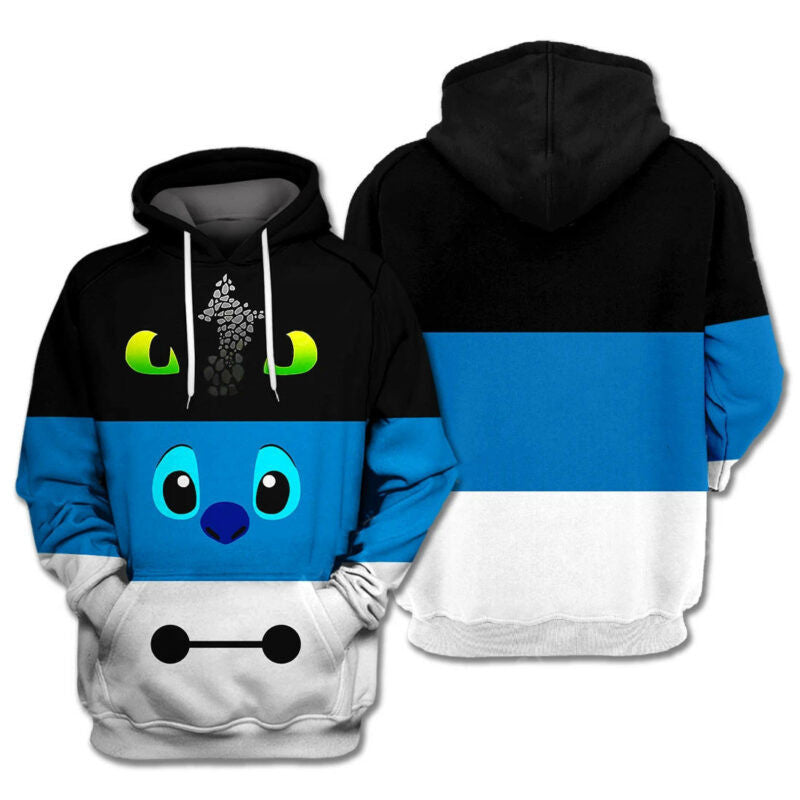 Stitch Baymax Toothless Cute Black White Blue 3d Hoodie Zip Hoodie Moonbestprint