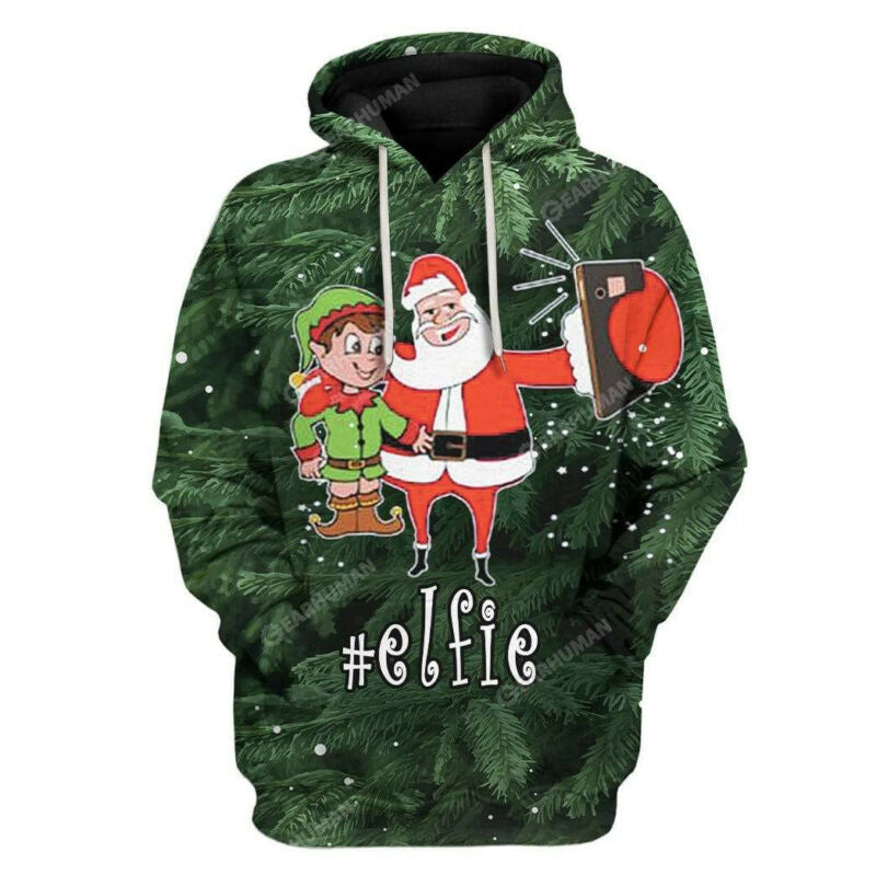 Christmas Elf Hoodie Elfie Taking Selfie With Santa Claus Green 3d Hoodie Zip Hoodie Moonbestprint