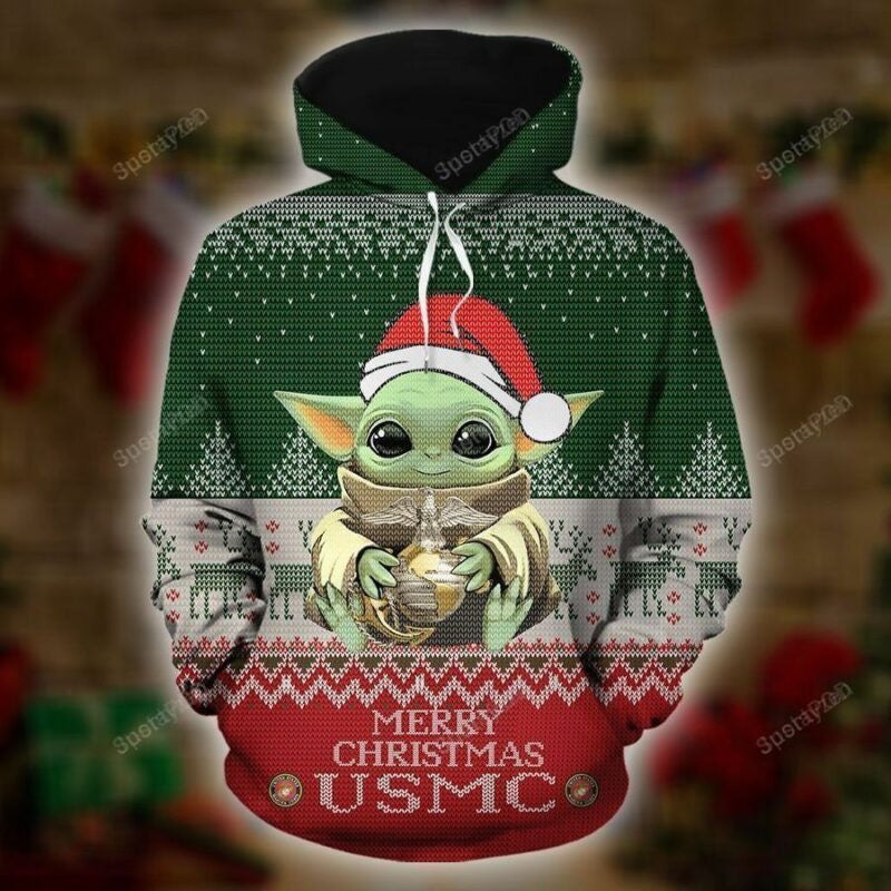 Baby Yoda Usmc Mery Christmas 3d All Over Print Hoodie, Zip-up Hoodie Moonbestprint