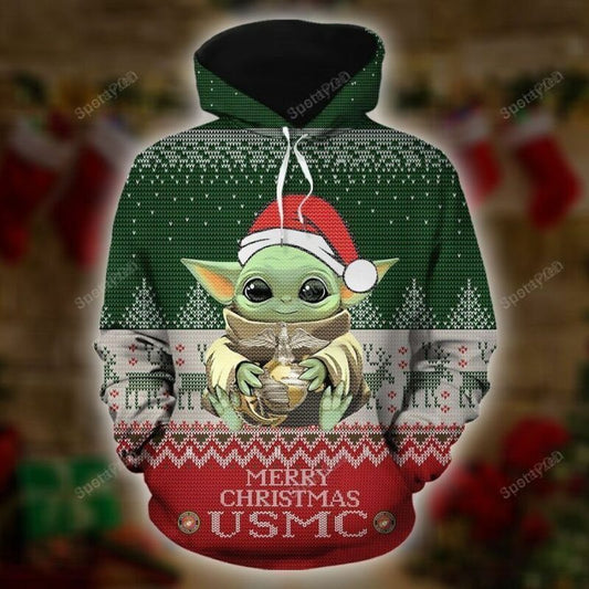 Baby Yoda Usmc Mery Christmas 3d All Over Print Hoodie, Zip-up Hoodie Moonbestprint