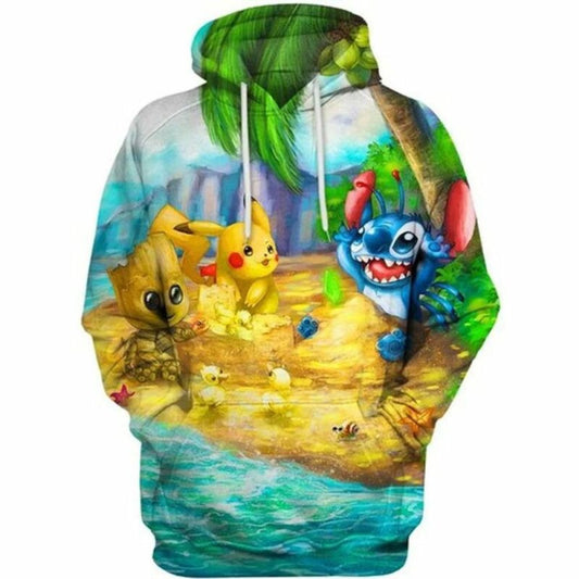 Cute Things On The Beach Pikachu Stitch Groot All Over Printed Custom 3d Hoodie Moonbestprint