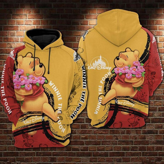 Pooh Hug Flower Winnie The Pooh Yellow And Red Over Print 3d Hoodie Zip Hoodie Moonbestprint