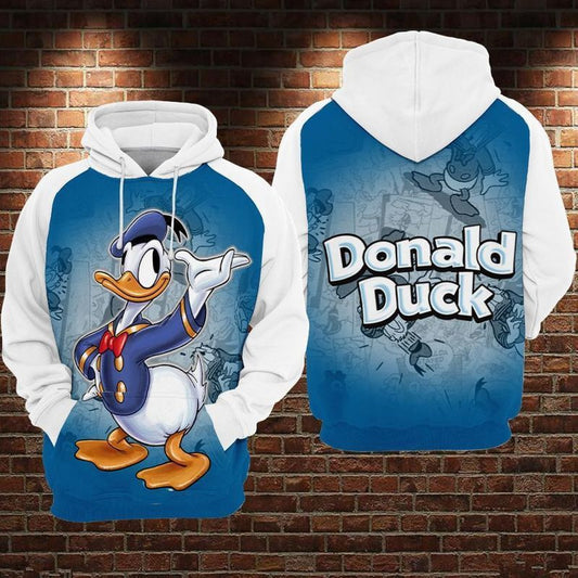 Donald Duck Comic Style Blue &amp; White Over Print 3d Hoodie Zip Hoodie Moonbestprint