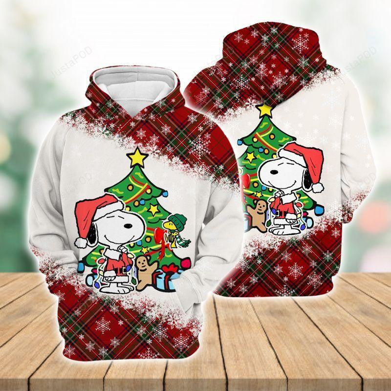 Snoopy Christmas Hoodie Snoopy And Christmas Tree White Plaid 3d Hoodie Zip Hoodie Moonbestprint