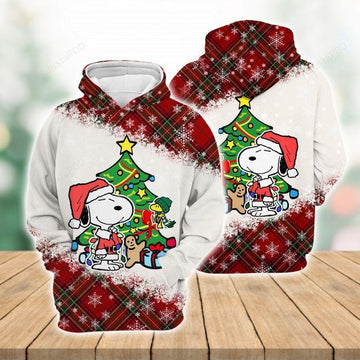 Snoopy Christmas Hoodie Snoopy And Christmas Tree White Plaid 3d Hoodie Zip Hoodie Moonbestprint