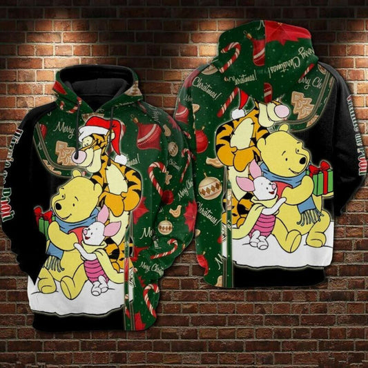 Disney Christmas Hoodie Pooh Tigger Piglet On Christmas Green Black 3d Hoodie Zip Hoodie Moonbestprint