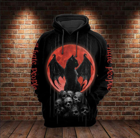 Cat &amp; Skull I Hate People Over Print 3d Hoodie Zip Hoodie Moonbestprint
