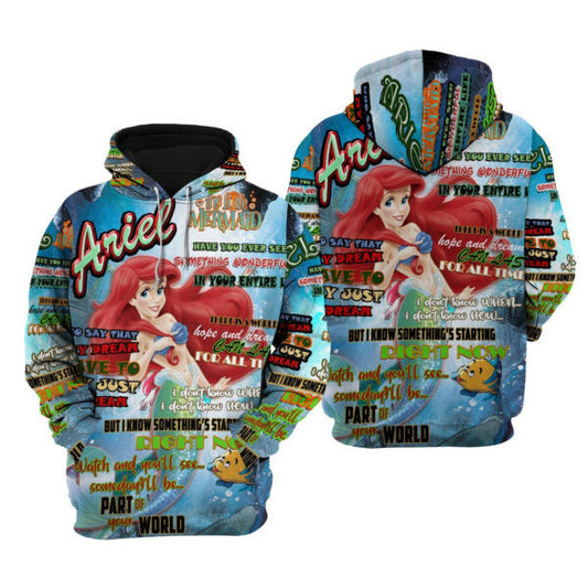 Ariel Punk Words Pattern Disney Fan Gift Stylist Unisex Cartoon Graphic Outfits Aop Hoodie, Zip Hoodie 1628 Moonbestprint