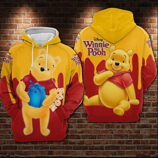 Winnie The Pooh Holding Honey Pot Red &amp; Yellow Over Print 3d Hoodie Zip Hoodie Moonbestprint