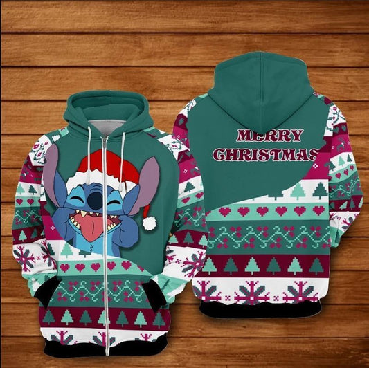 Stitch Santa Hat With Blue Ugly Christmas Over Print 3d Hoodie Zip Hoodie 22 Moonbestprint