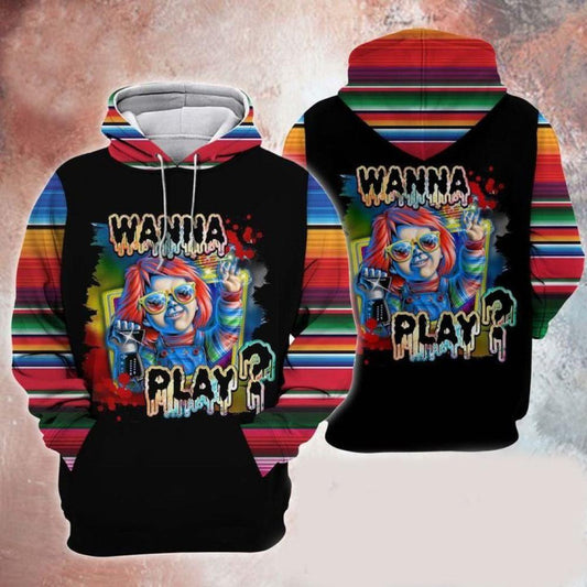 Chucky Fan Gift, Wanna Play With Chucky All Over Print Hoodie Moonbestprint