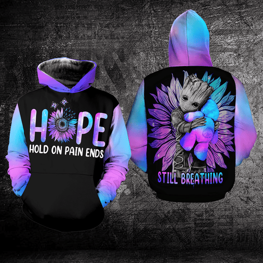 Suicide Awareness, Groot Suicide Awareness, Hope Hold On Pain Ends Still Breathing All Over Print Hoodie Moonbestprint