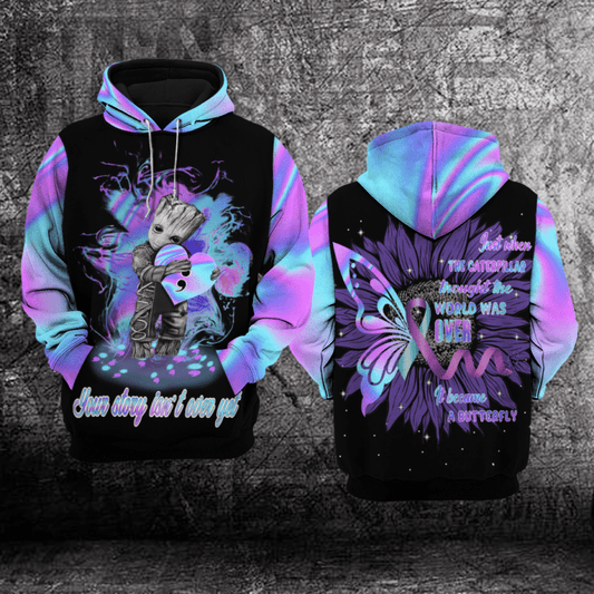 Suicide Awareness, Groot Just When The Caterpillar Thought Her Life Was Over, It Became A Butterfly All Over Print Hoodie Moonbestprint
