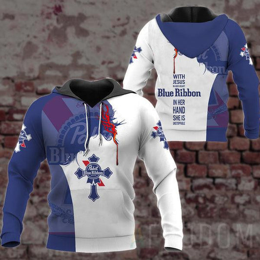 Pabst Blue Ribbon Lover Gift, With Jesus In Her Heart Pabst Blue Ribbon In Her Hand She Is Unstopable All Over Print Hoodie, Zip Hoodie 23 Moonbestprint