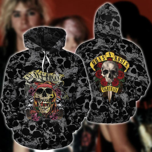 Guns N Roses Band Fan Gift, Guns N Roses Skull Pattern All Over Print Hoodie Moonbestprint