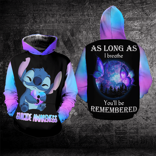 Suicide Awareness, Stitch Disney Suicide Awareness, As Long As I Breathe You'll Be Remembered All Over Print Hoodie Moonbestprint