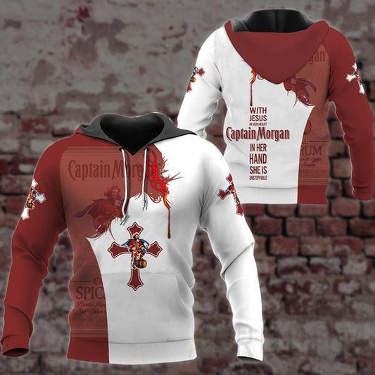 Captain Morgan Lover Gift, With Jesus In Her Heart Captain Morgan In Her Hand She Is Unstopable Aop Hoodie, Zip Hoodie 26 Moonbestprint