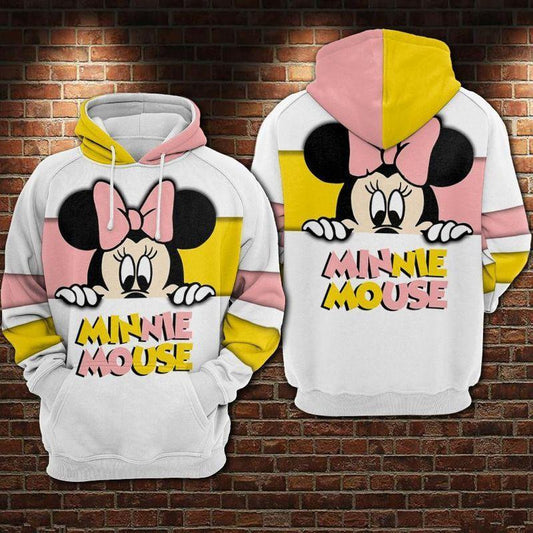 Minnie Mouse Disney, Minnie Hiding Pink Yellow White Aop Hoodie Moonbestprint