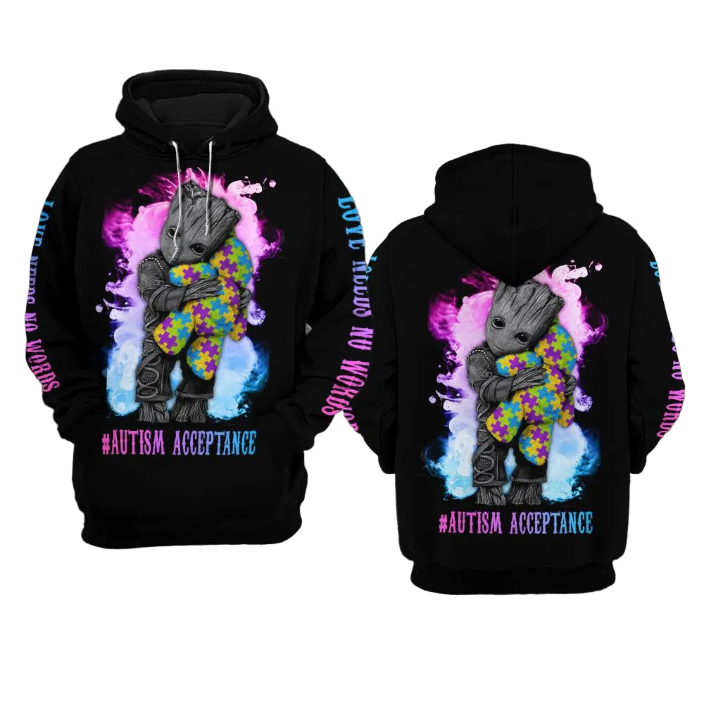 Autism Awareness Groot, Autism Acceptance, Love Needs No Words All Over Print Hoodie Moonbestprint