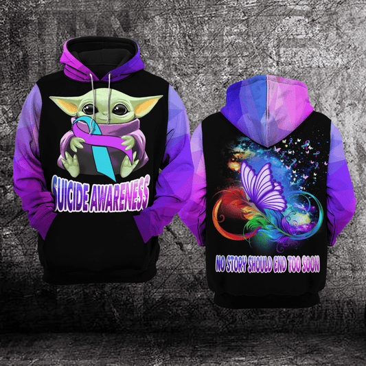 Suicide Awareness, Baby Yoda Suicide Awareness, No Story Should End Too Soon All Over Print Hoodie Moonbestprint