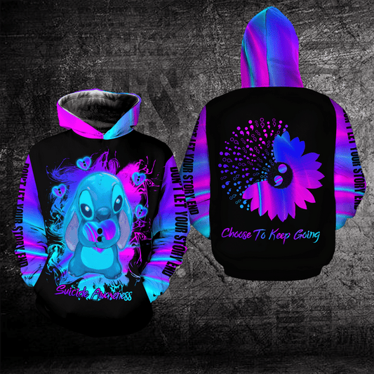 Suicide Awareness, Stitch Disney Choose To Keep Going, Dont Let Your Story End All Over Print Hoodie, Zip Hoodie Moonbestprint
