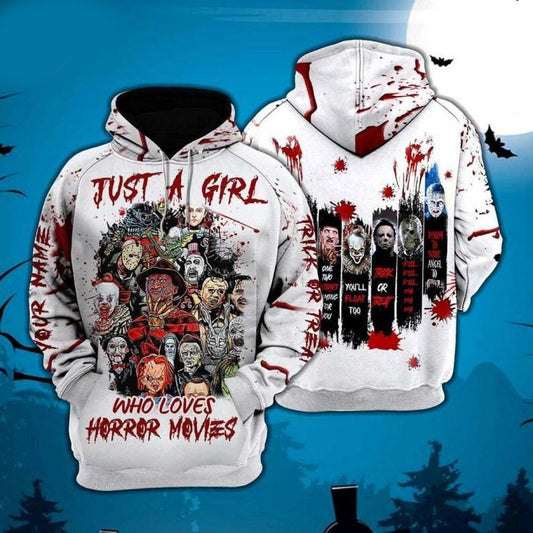 Horror Movie Characters Fan Gift, Just A Girl Who Loves Horror Movies All Over Print Hoodie Moonbestprint