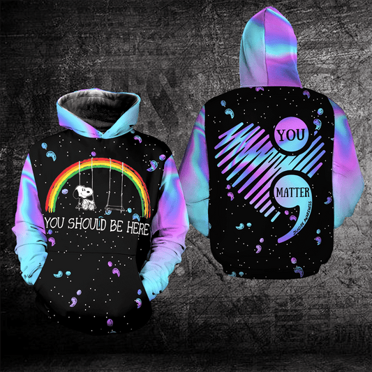 Snoopy The Peanuts Suicide Awareness, You Should Be Here All Over Print Hoodie Moonbestprint