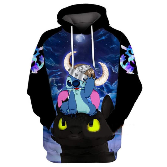 Disney Cartoon Characters Fan Gift, Stitch And Toothless How To Train Your Dragon All Over Print Hoodie Moonbestprint