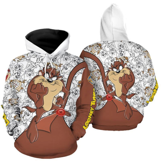 Tasmania Evil Looney Tunes, Taz Pattern Warner Bros All Over Print Hoodie, Zip Hoodie Moonbestprint
