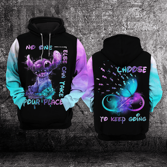 Suicide Awareness, Stitch Disney Suicide Awareness, No One Else Can Take Your Place Choose To Keep Going All Over Print Hoodie Moonbestprint