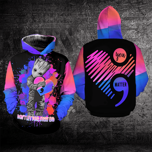 Suicide Awareness, Colorful Groot Suicide Awareness, Dont Let Your Story End All Over Print Hoodie Moonbestprint