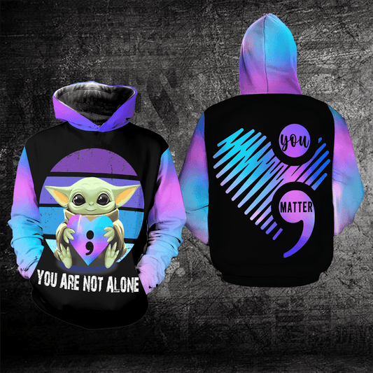 Suicide Awareness, Baby Yoda Suicide Awareness, You Are Not Alone All Over Print Hoodie, Zip Hoodie Moonbestprint