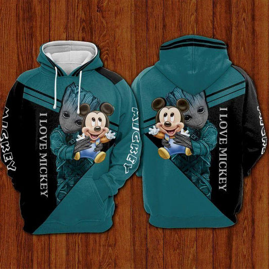 Mickey Mouse Disney And Baby Groot, Groot I Love Mickey Aop Hoodie Moonbestprint