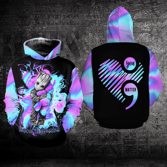 Suicide Awareness, Baby Groot Suicide Awareness, Choose To Keep Going All Over Print Hoodie Moonbestprint