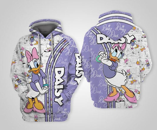Cute Daisy Duck Disney Cartoon, Daisy Duck Signature, Daisy Comics Book Patterns All Over Print Hoodie, Zip Hoodie Moonbestprint