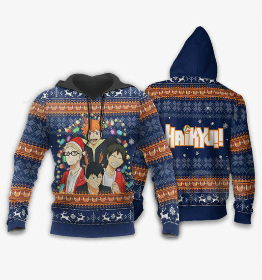 Haikyuu Hoodie Kageyama Hinata Kei Tadashi Christmas Pattern Blue 3d Hoodie Zip Hoodie Moonbestprint