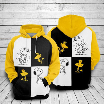 Snoopy And Woodstock Black &amp; Yellow Over Print 3d Hoodie Zip Hoodie Moonbestprint